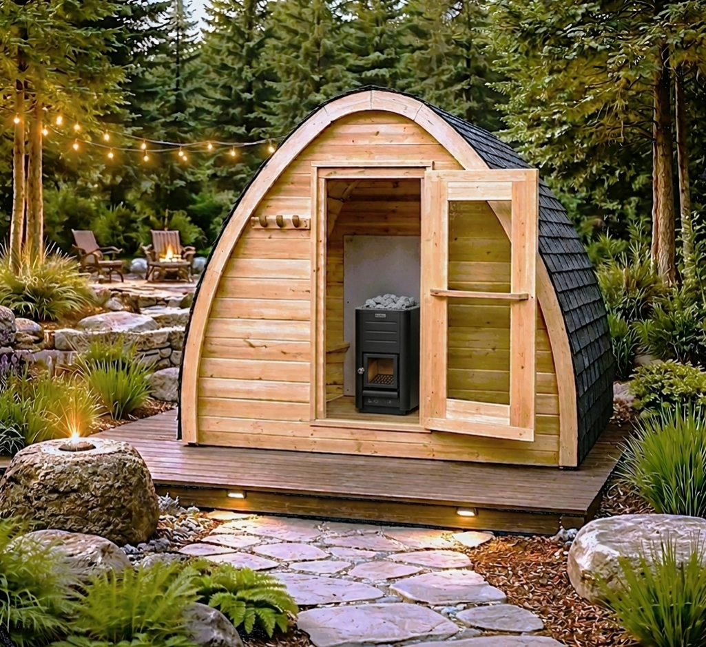 Wooden cabin-style sauna with a stone pathway and garden setting