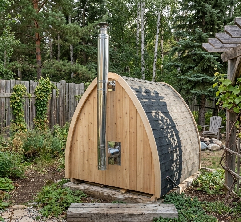 Wooden outdoor sauna with a chimney in a garden setting