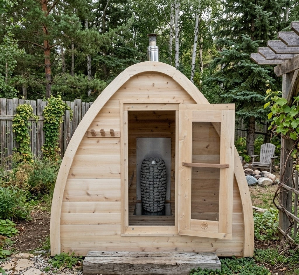 Wooden outdoor sauna with open door in a garden setting