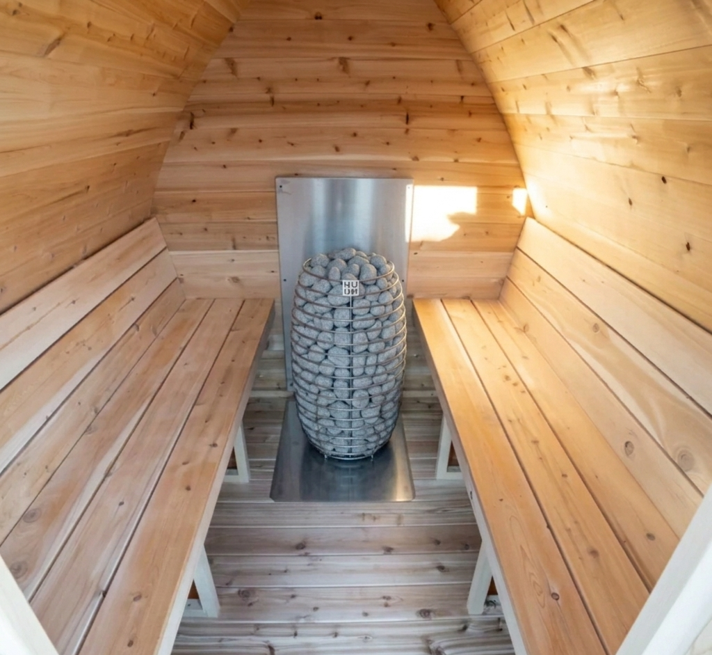 Wooden sauna with an electric HUUM sauna heater
